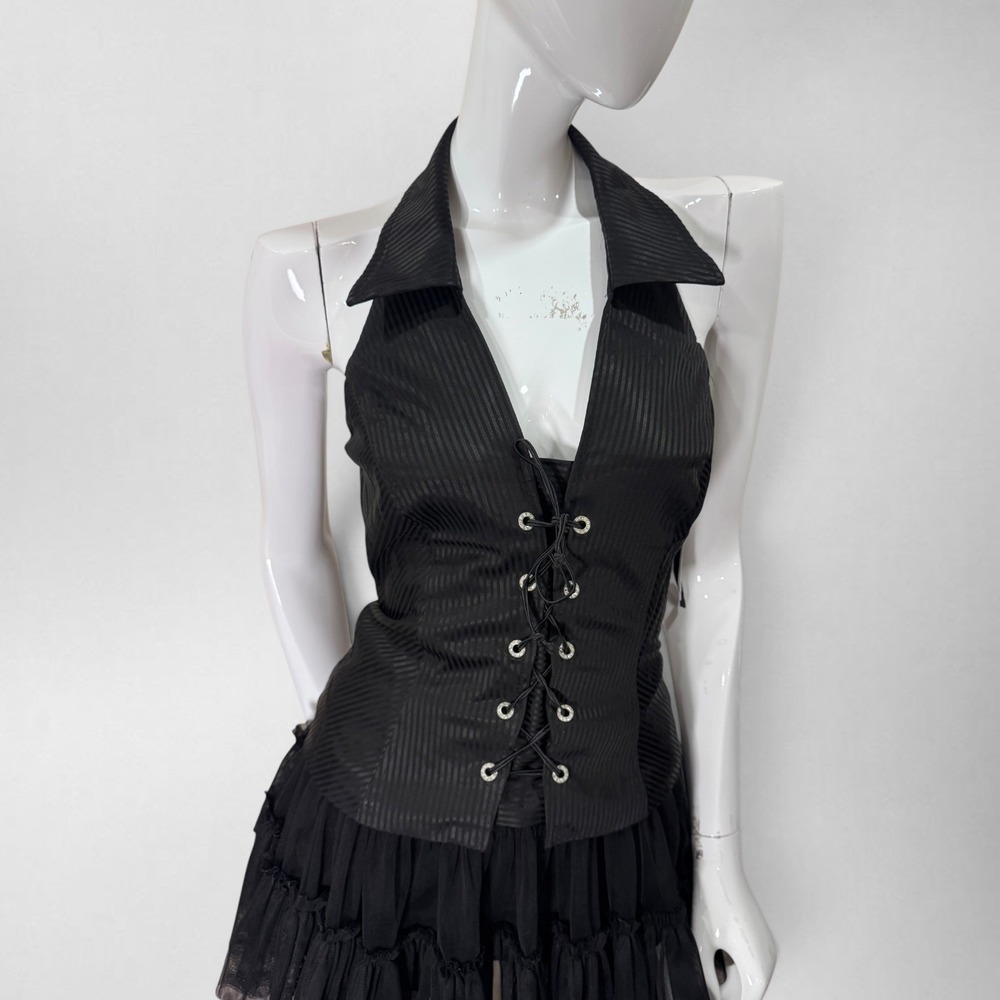 Cache Y2K Black Pinstripe Halter Corset Top Lace Up Front Goth Clubwear Size 6